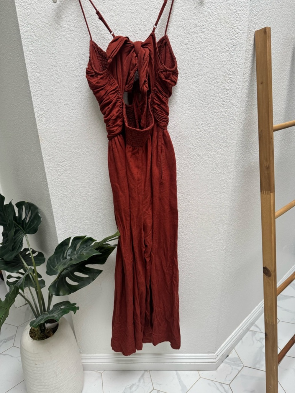 Free People Rust Brown Smocked Bodice Wide-Leg Jumpsuit - Picture 12 of 12